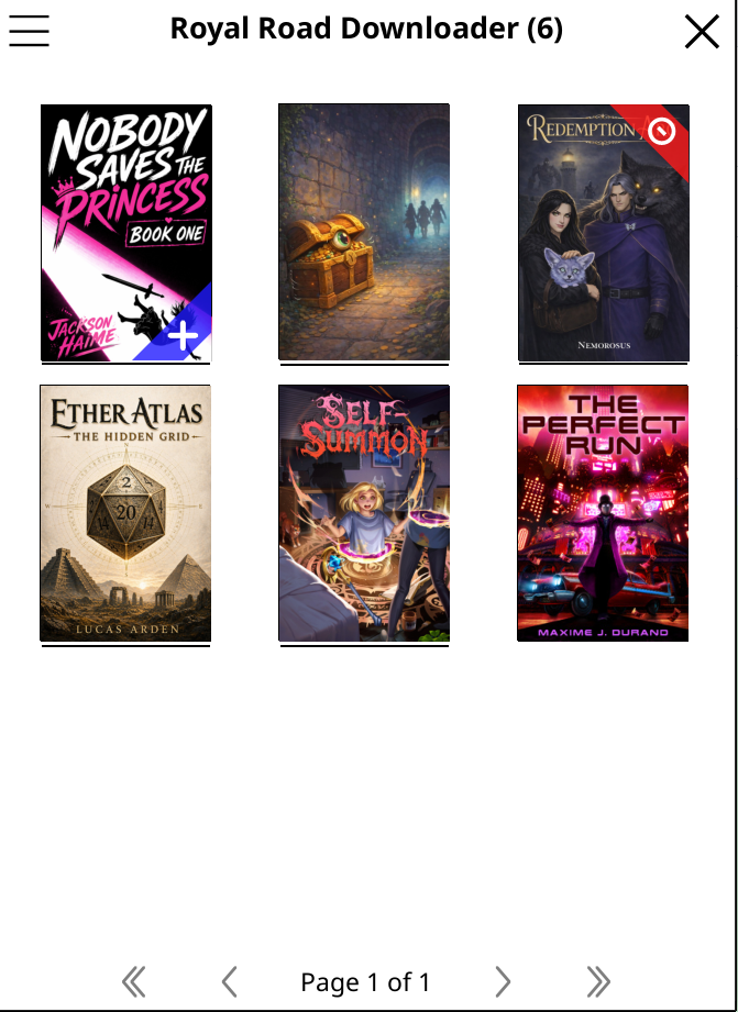 Downloaded stories shown as a grid of cover art with reading-progress bars