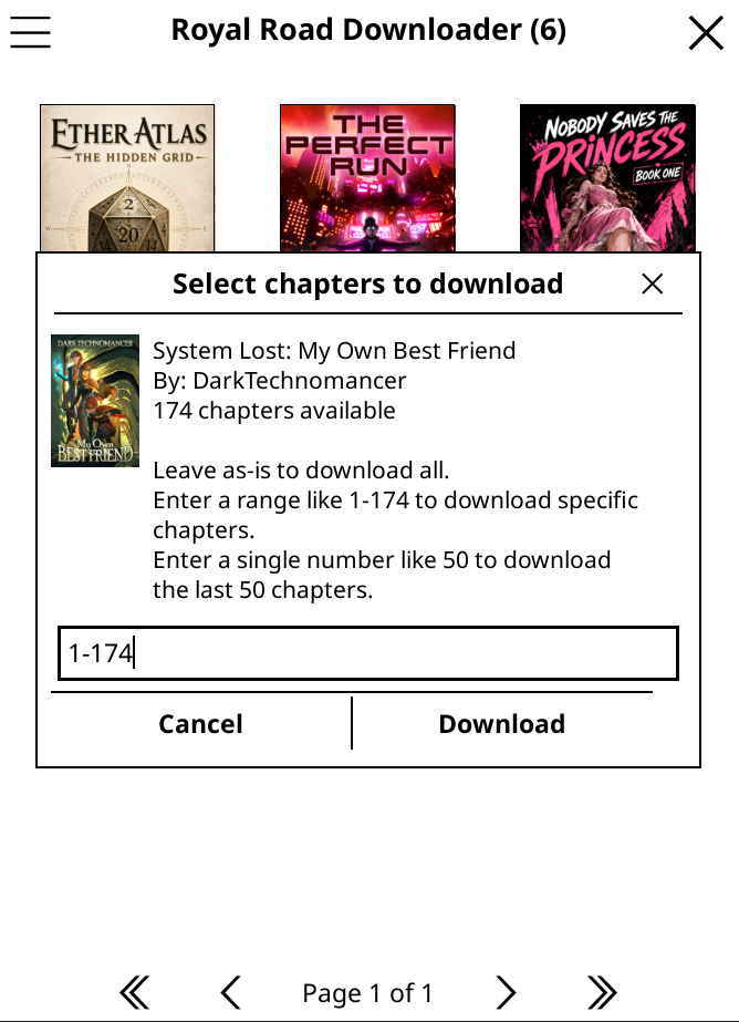 Chapter range selection screen