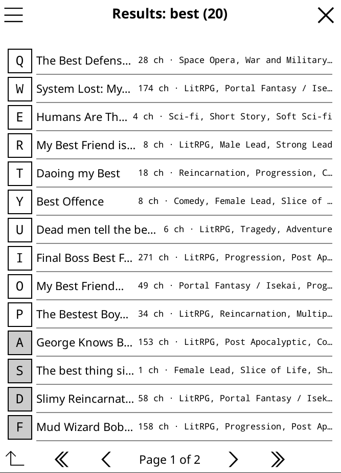 Search results listing Royal Road stories with rating and chapter count