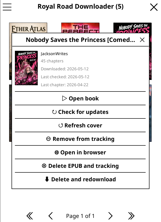 Per-story options menu with open, update, and delete actions